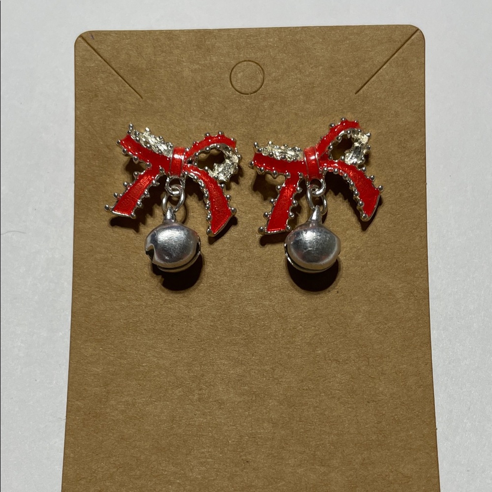 Christmas Red Bow Dangle Earrings with Silver Bell Charm